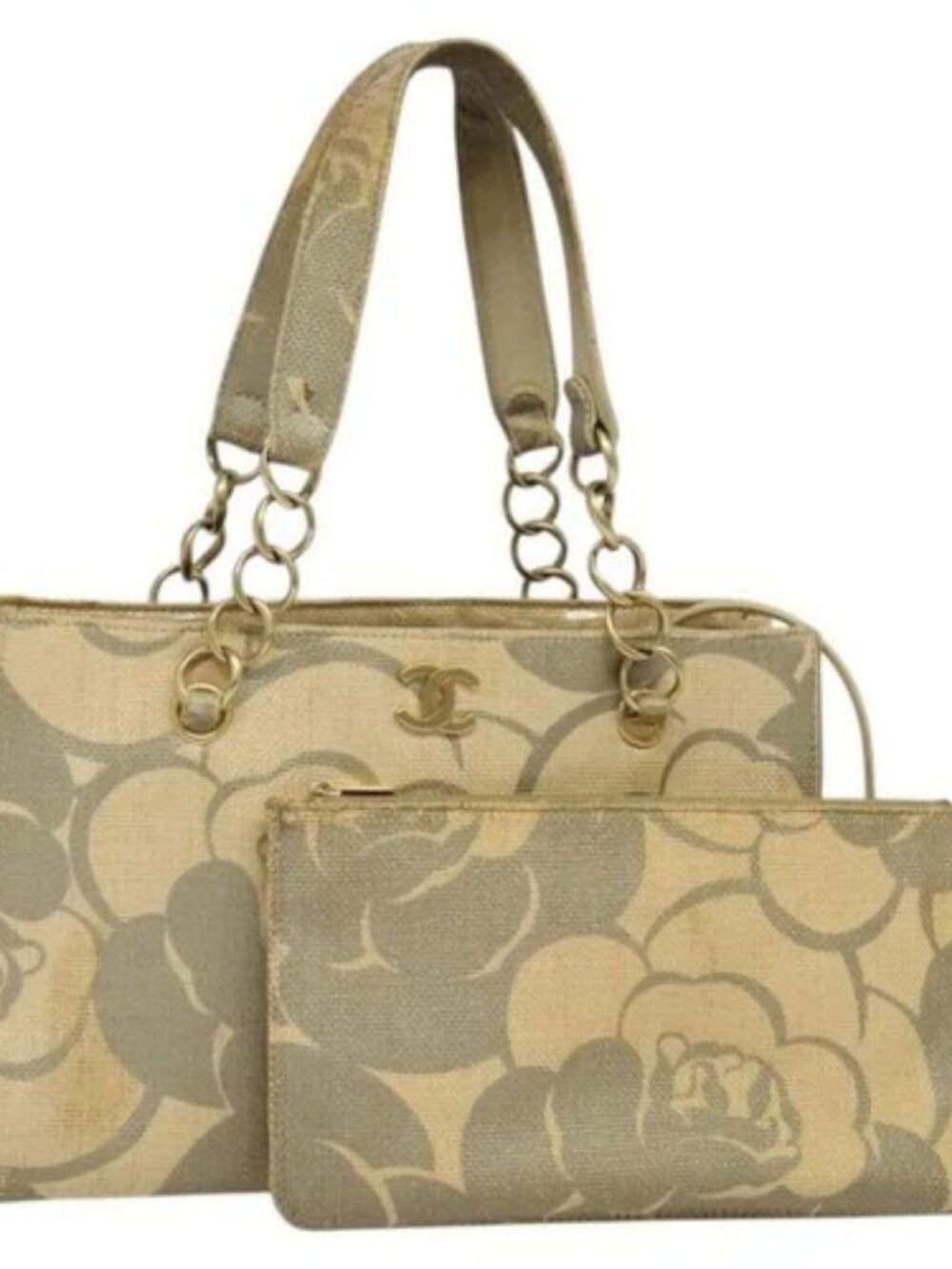 CHANEL Camelia Chain Tote Bag Straw Beige CC Auth 122907